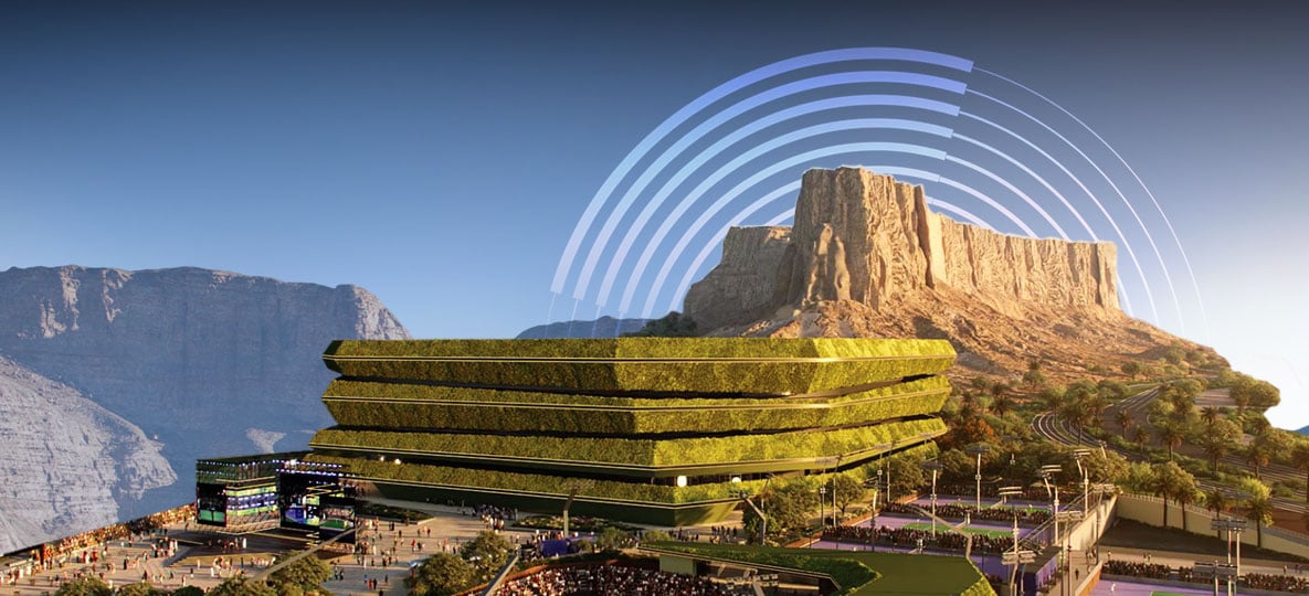 Construction underway at Qiddiya City’s National Tennis Centre, a Saudi hub for the international game Aerial render of Qiddiya City National Tennis Centre under construction